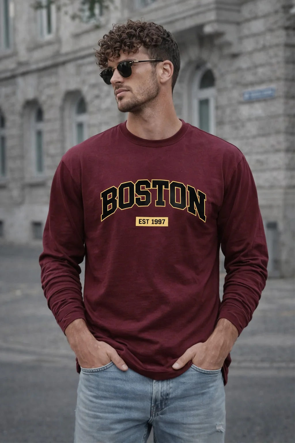 Atronic Men's Maroon Boston Printed Full Sleeve T-Shirt | Premium Round Neck Casual Tee